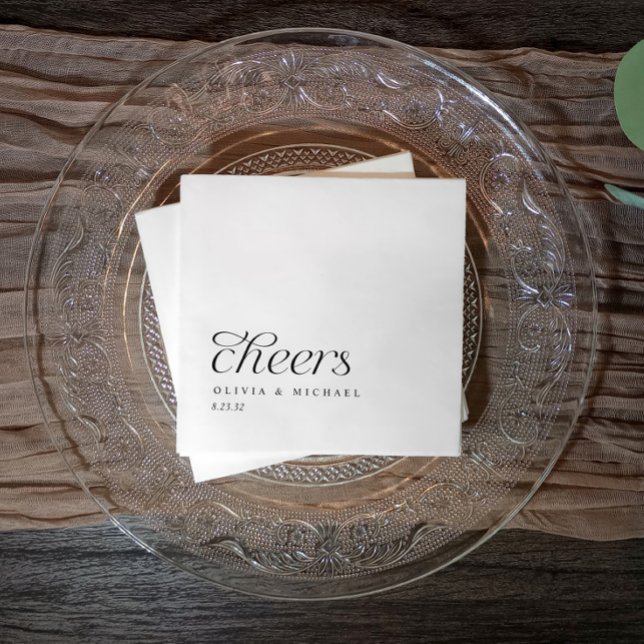 Cheers Modern Elegant Simple Black & White Wedding Napkins (Cheers Napkins for weddings, reception, rehearsal dinner, engagement party. Black and white simple)