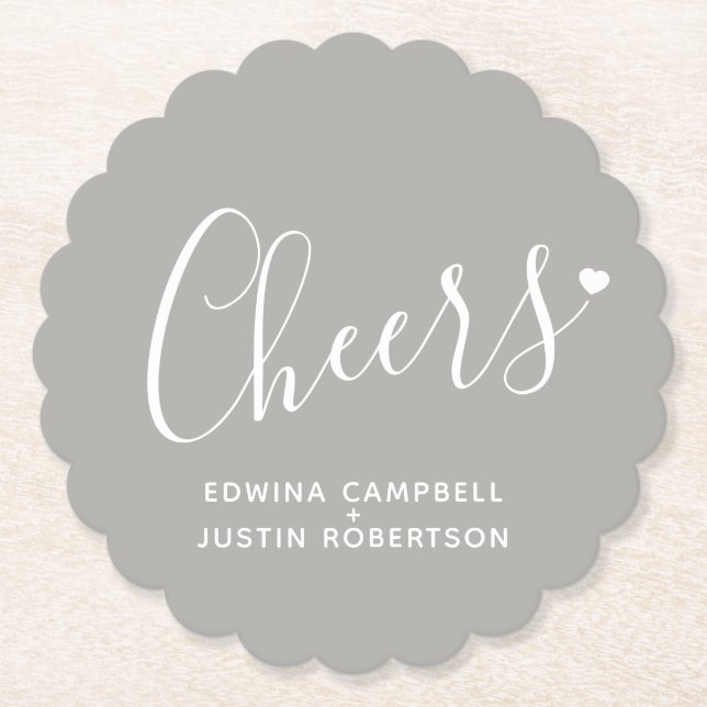 Cheers modern gray and white heart script coasters (Front)