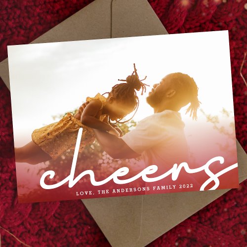 CHEERS MODERN hand written Red Gradient Photo Holiday Card