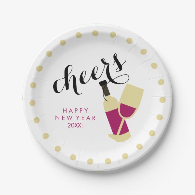 Cheers Modern Happy New Year Wine and Gold Dots Paper Plates (Front)