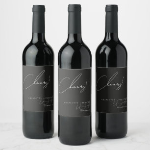 Cheers Modern Minimalist Black Wedding Party Wine Label