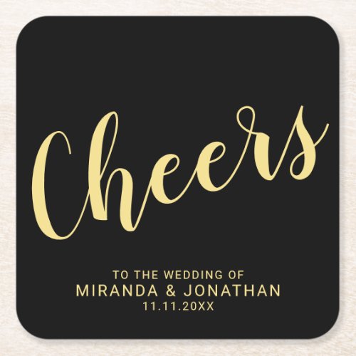 Cheers Modern Script Black and Gold Wedding Square Paper Coaster