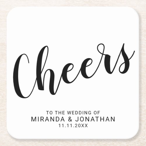 Cheers Modern Script Black and White Wedding Square Paper Coaster