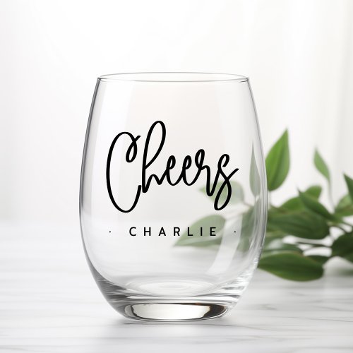 Cheers modern script custom name stemless wine glass