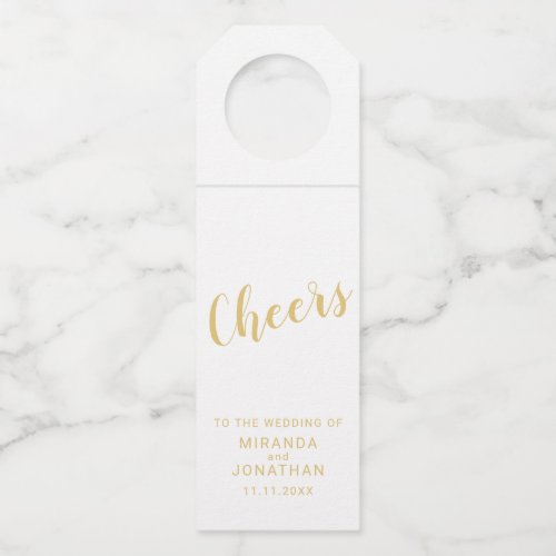 Cheers Modern Script Gold Wedding Bottle Hanger Tag