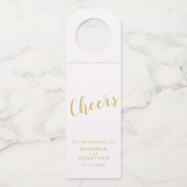 'Cheers' Modern Script Gold Wedding Bottle Hanger Tag (Front)