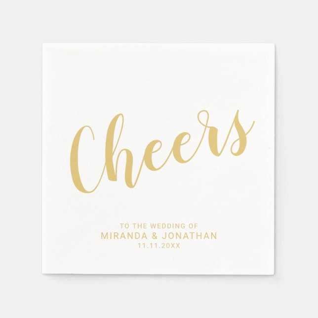 'Cheers' Modern Script Gold Wedding Napkins (Front)