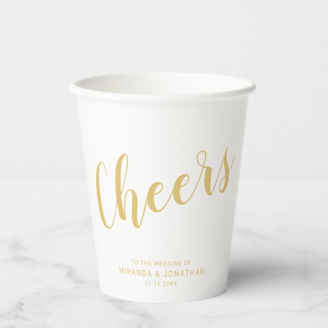 'Cheers' Modern Script Gold Wedding Paper Cups (Front)