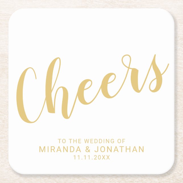 'Cheers' Modern Script Gold Wedding Square Paper Coaster (Front)