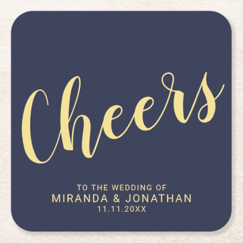 Cheers Modern Script Navy Blue and Gold Wedding Square Paper Coaster