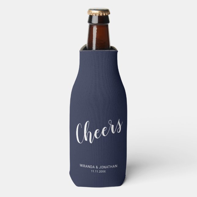 "Cheers" Modern Script Navy Blue Bottle Cooler (Bottle Front)