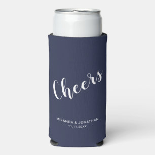 "Cheers" Modern Script Navy Blue Seltzer Can Cooler