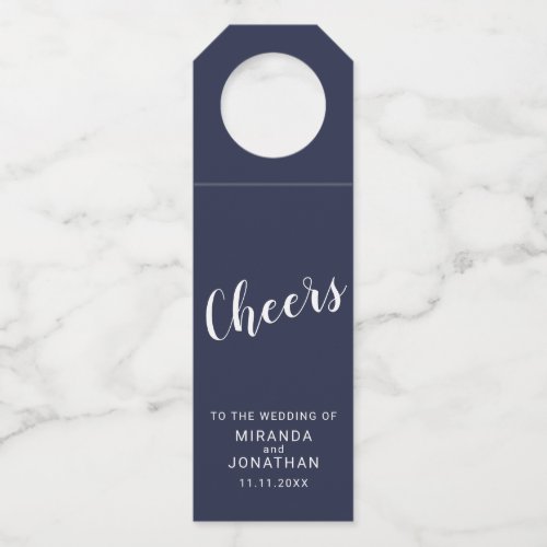 Cheers Modern Script Navy Blue Wedding Bottle Hanger Tag