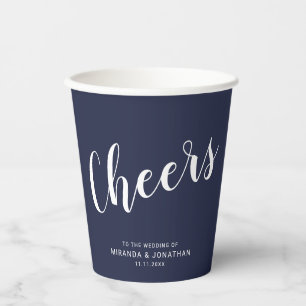 'Cheers' Modern Script Navy Blue Wedding Paper Cups