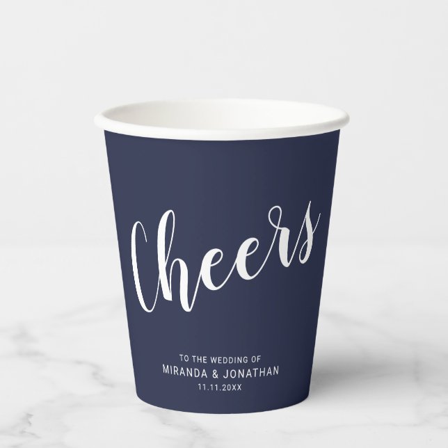 'Cheers' Modern Script Navy Blue Wedding Paper Cups (Front)