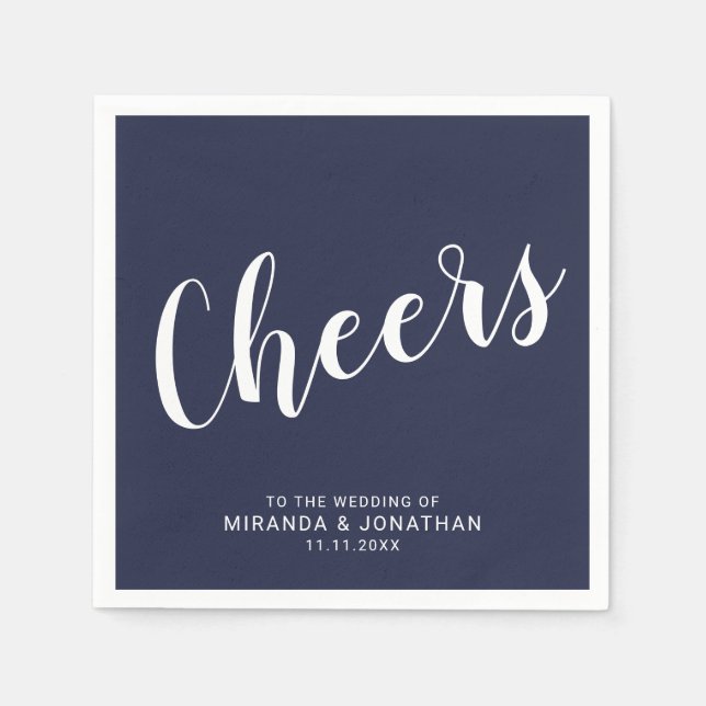 'Cheers' Modern Script Navy Blue Wedding Paper Napkins (Front)