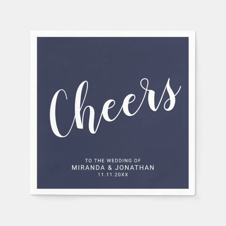 'Cheers' Modern Script Navy Blue Wedding Paper Napkins Zazzle