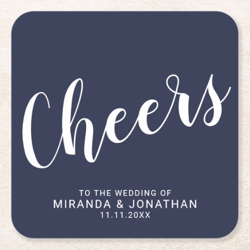 Cheers Modern Script Navy Blue Wedding Square Paper Coaster