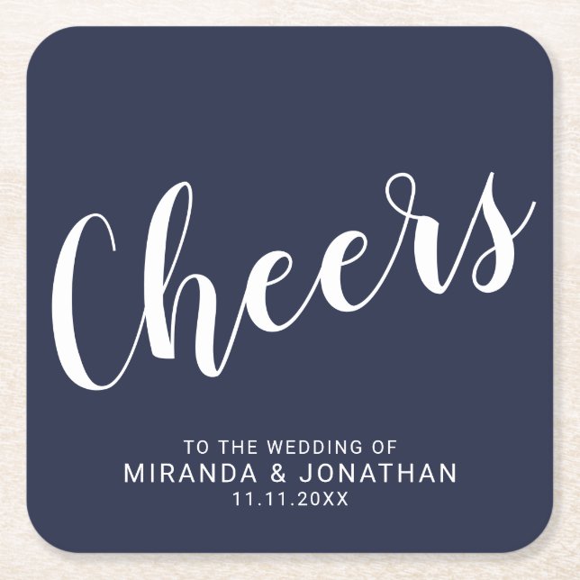'Cheers' Modern Script Navy Blue Wedding Square Paper Coaster (Front)