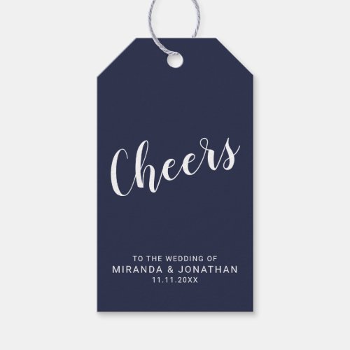 Cheers Modern Script Navy Blue Wedding Wine Gift Tags