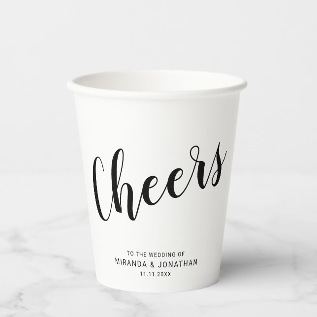 'Cheers' Modern Script Wedding Paper Cups (Front)