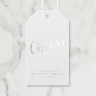 'Cheers' Modern Script Wedding Wine Silver Foil Gift Tags