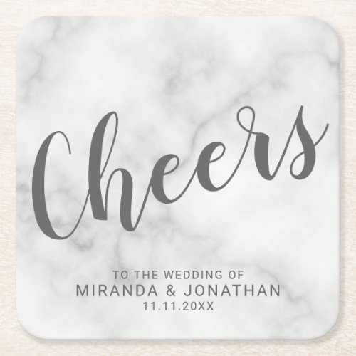 Cheers Modern Script White Marble Wedding Square Paper Coaster