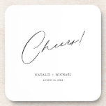 Cheers Modern Unique Personalized Custom Wedding Beverage Coaster<br><div class="desc">Looking for a unique and personalized wedding favor that your guests will love? Look no further than these Cheers Modern Unique Personalized Custom Wedding beverage coaster! With a simple yet stylish design featuring the word "Cheers" in a modern, calligraphy script font, these coasters are perfect for any wedding, bridal shower,...</div>