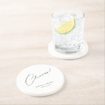 Cheers Modern Unique Personalized Custom Wedding Coaster<br><div class="desc">Looking for a unique and personalized wedding favor that your guests will love? Look no further than these Cheers Modern Unique Personalized Custom Wedding Sandstone Coasters! With a simple yet stylish design featuring the word "Cheers" in a modern, calligraphy script font, these coasters are perfect for any wedding, bridal shower,...</div>