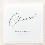 Cheers Modern Unique Personalized Custom Wedding Glass Coaster<br><div class="desc">Looking for a unique and personalized wedding favor that your guests will love? Look no further than these Cheers Modern Unique Personalized Custom Wedding Glass Coasters! With a simple yet stylish design featuring the word "Cheers" in a modern, calligraphy script font, these coasters are perfect for any wedding, bridal shower,...</div>