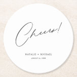 Cheers Modern Unique Personalized Custom Wedding Round Paper Coaster<br><div class="desc">Looking for a unique and personalized wedding favor that your guests will love? Look no further than these Cheers Modern Unique Personalized Custom Wedding Round Paper Coasters! With a simple yet stylish design featuring the word "Cheers" in a modern, calligraphy script font, these coasters are perfect for any wedding, bridal...</div>