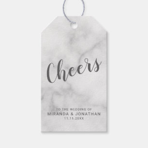 'Cheers' Modern White Marble Wedding Wine Gift Tags