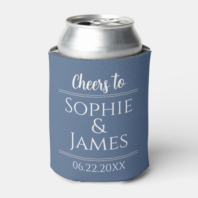 Cheers Mr & Mrs Dusty Blue Wedding Favor Can Cooler (Can Front)
