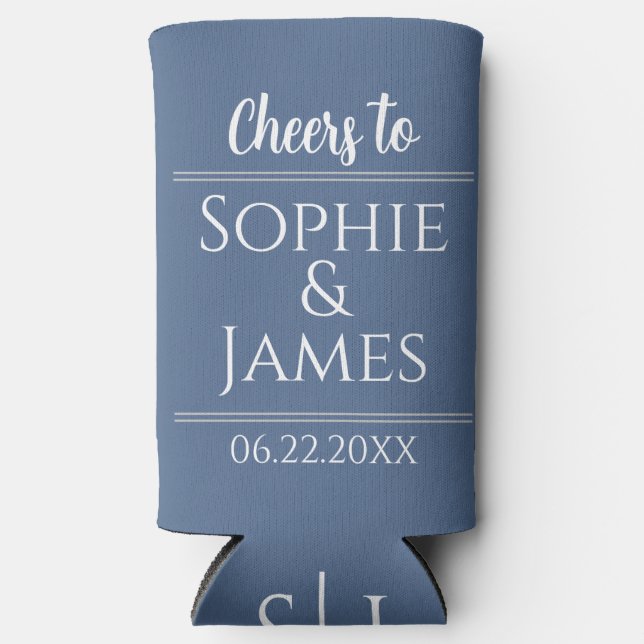 Cheers Mr & Mrs Dusty Blue Wedding Favor Seltzer Can Cooler (Front)