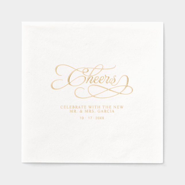 Cheers Mr & Mrs Elegant Calligraphy Wedding Gold Foil Napkins (Front)