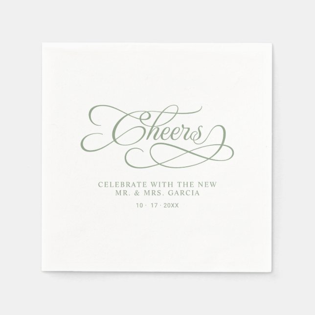 Cheers Mr & Mrs Elegant Wedding Sage Green Napkins (Front)