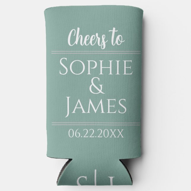 Cheers Mr & Mrs Sage Green Wedding Favor Seltzer Can Cooler (Front)