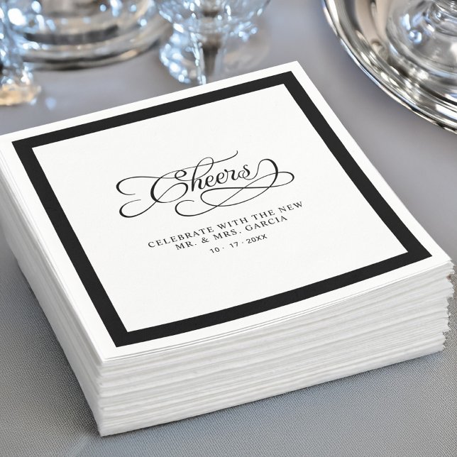 Cheers Mr & Mrs Wedding Calligraphy Border Black  Napkins (Cheers Mr & Mrs Wedding Calligraphy Border Black Napkins)