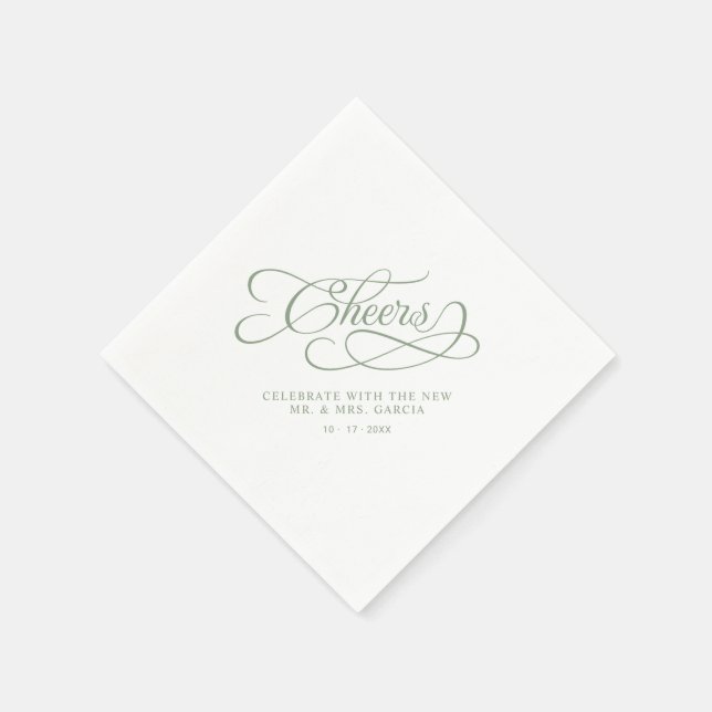 Cheers Mr & Mrs Wedding Calligraphy Sage Green Napkins (Corner)