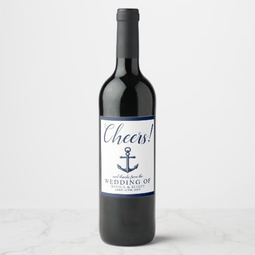 Cheers Nautical Anchor Wedding Customized Navy Wine Label