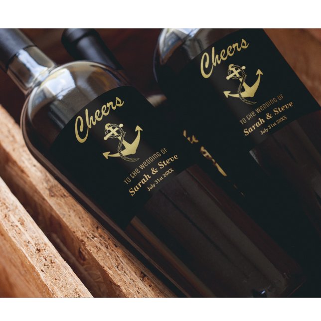Cheers Nautical Wedding Gold and Black Wine Labels (Creator Uploaded)