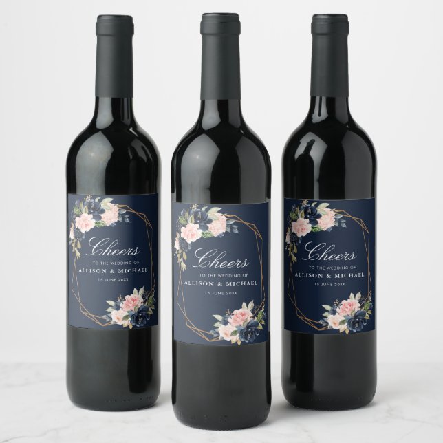 CHEERS | navy and blush floral wedding Wine Label (Bottles)
