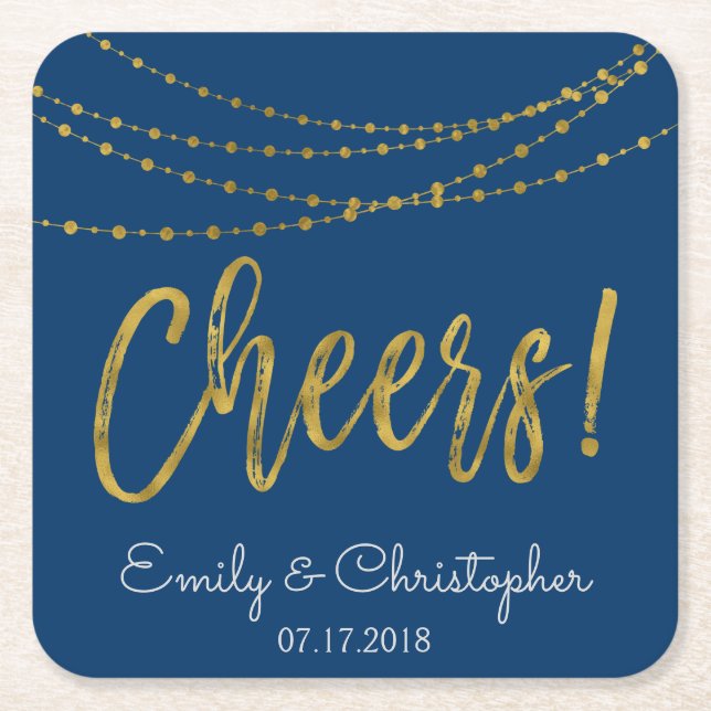 Cheers Navy Blue and Gold Foil String Lights Square Paper Coaster (Front)