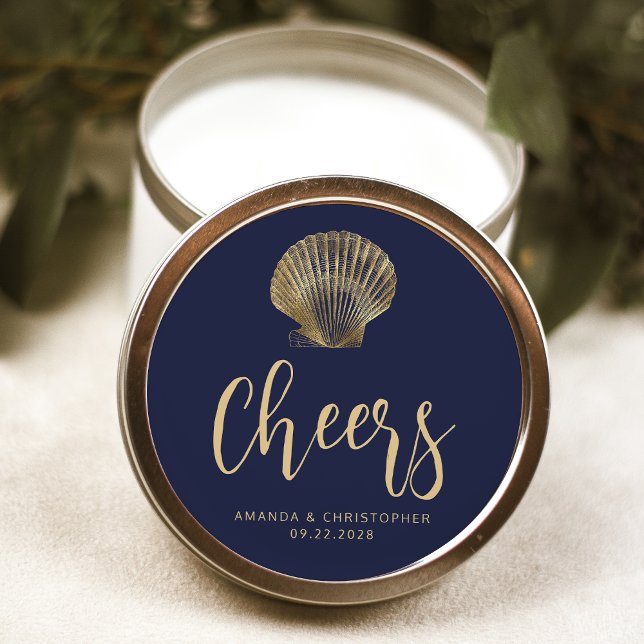 Cheers Navy Blue Gold Coastal Beach Wedding Classic Round Sticker (Creator Uploaded)