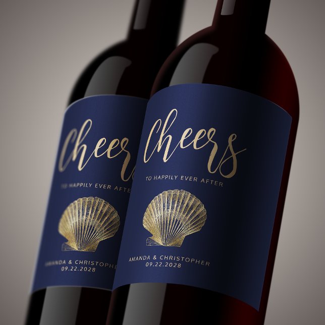 Cheers Navy Blue Gold Coastal Beach Wedding Wine Label (Creator Uploaded)
