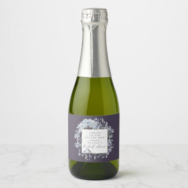 Cheers Navy Blue Hydrangeas Bridal Shower Sparkling Wine Label (Front)