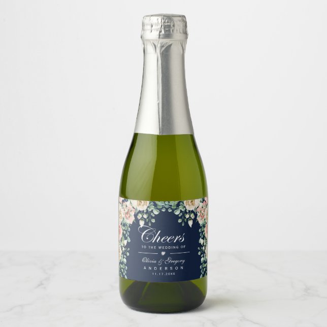 Cheers Navy Blue Pink Floral Mini Sparkling Wine L Label (Front)