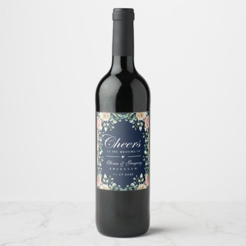 Cheers Navy Blue Pink Floral Wedding Wine Label