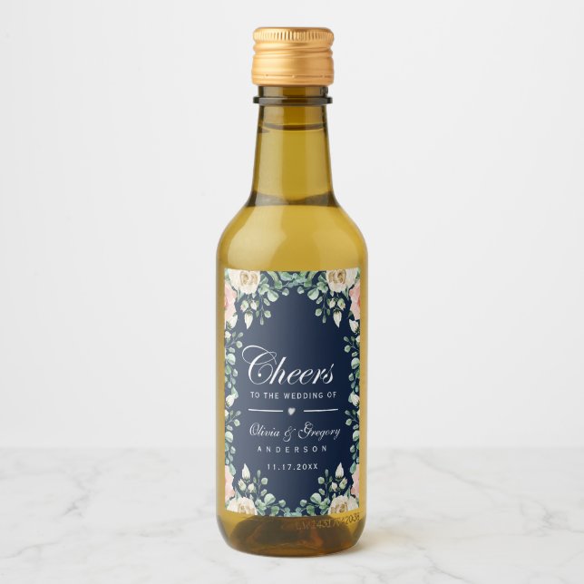 Cheers Navy Blue Pink Floral Wedding Wine Label (Front)