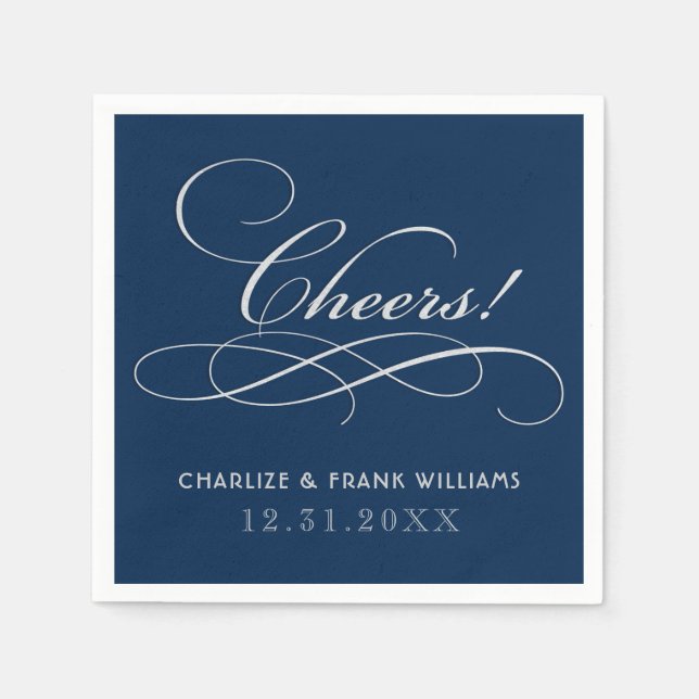 Cheers Navy Blue Silver Calligraphy Custom Wedding Paper Napkins (Front)